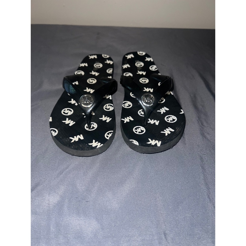 Michael Kors Flip Flops Women Size 10 Black Excellent Monogram Logo Sandals